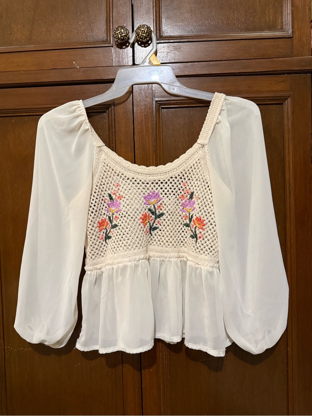 Cream Crochet Floral Embroidered Puff Sleeve Peplum Blouse Top